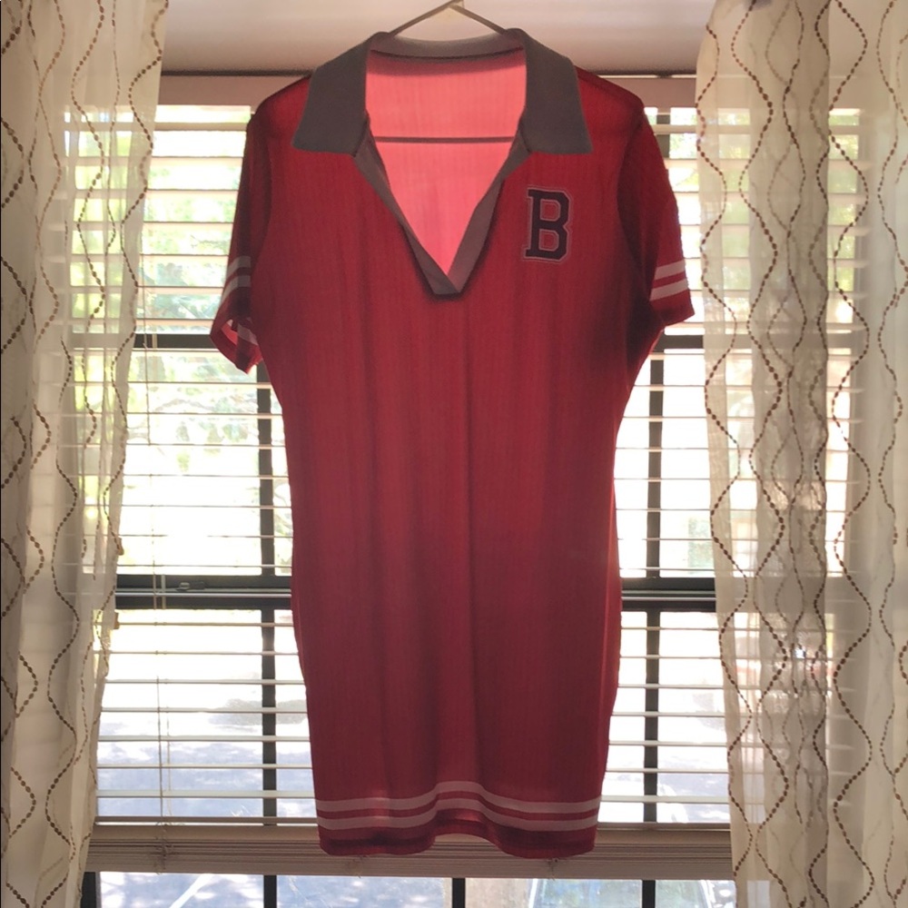 Red/white striped dress.